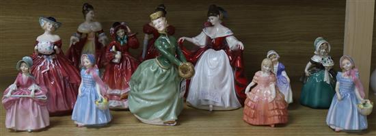 Twelve Royal Doulton figurines and two other pottery figural groups